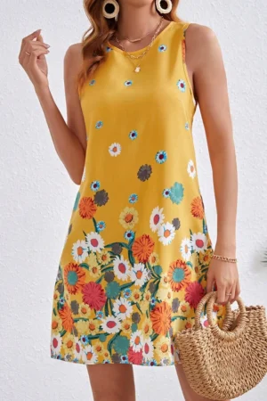 Fashion temperament women's positioning floral print sleeveless round-neck dress, summer women's back keyhole button dress