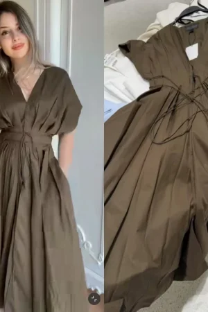 ETJ Summer 2025 women's elegant party dress Vintage V-neck fashion pleated lace-up MIDI poplin dress