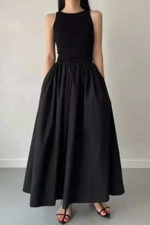 New Summer Simple Elegant Black Long Dresses For Women Round Neck Sleeveless High Waist Temperament Female Fashion Style Dress
