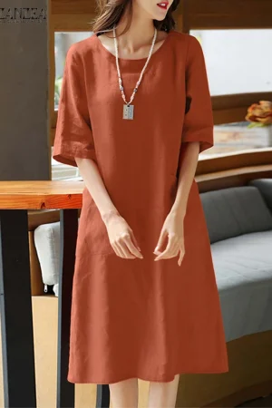 2025 Spring Summer Dress ZANZEA Women O Neck Half Sleeve Sundress Solid Cotton Dresses Robe Femme Casual Loose Holiday Vestidos