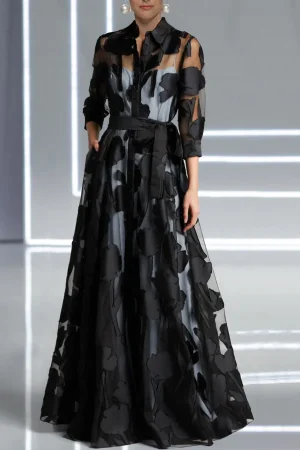 Elegant Three-Quarter Sleeve Knotted Waist Jacquard Mesh Maxi Dress for Women No Lining Transparent Club Party Long Dress