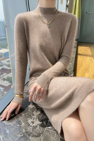 Autumn And Winter 100% Pure Wool Ladies Long Sweater Skirt Semi-High Collar Cashmere Dress Large Knit Bottoming Skirt