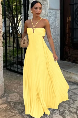 2025 New Women's Fashionable and Elegant Summer Camisole Beach Vacation Long Dress Elegant Backless Pleated Long Dress