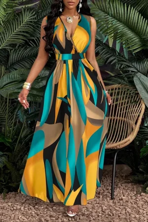 Women's sleeveless V-neck floor-length dress with abstract prints - fashionable for beach and casual occasions