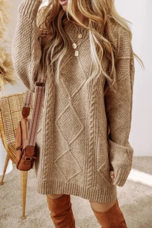 2025 Autumn Winter Spring New Fashion Round Neck Long Sleeve Sweater Dress Casual Loose Fit Cable Knit Pullover Mini Dress