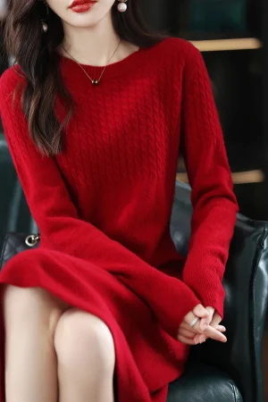 Round Neck Cashmere Dress Women's Long Pullover Sweater Autumn And Winter New Knitted Knee-Length Pure Wool Dress
