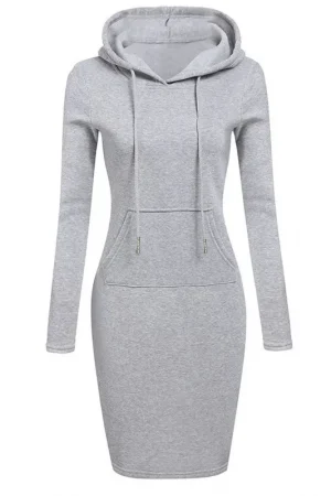 Women Knee-Length Pocket Dress Hooded Warm Sweat Shirt Long Sleeve Simple Casual Sport Clothes Fashion Workout Lounge Streetwear