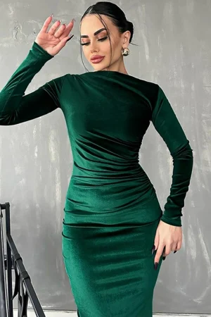 Dulzura 2024 Spring Summer Velvet Long Sleeve Midi Dress For Women Ruched Long Dress Elegant Party Clothes Evening Green Outfits