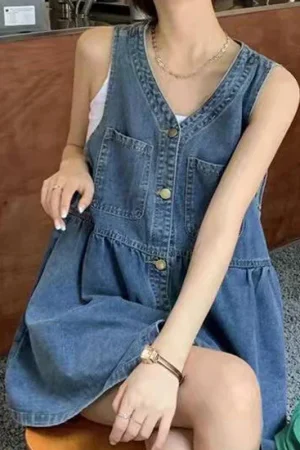 Sleeveless Strap Dress Women Summer Single-Breasted Pockets Denim Dresses Woman Korean Style Loose A Line Mini Dress